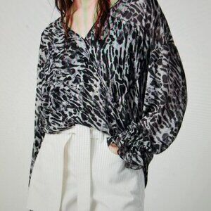 ALLSAINTS Penny Faux Wrap Blouse Medium Animal Print Long Sleeve V-Neck Hi Low